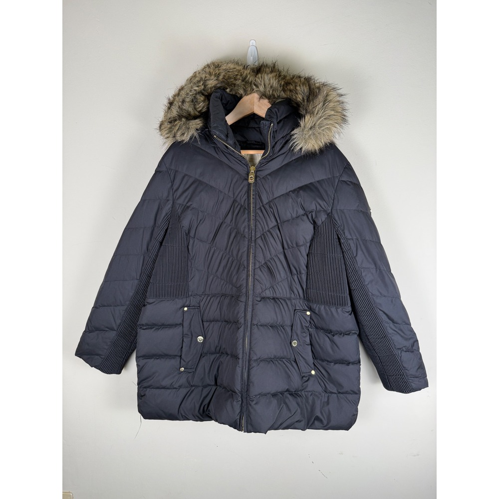 Michael Kors Women's Black Down Jacket Removable Hood Full Zip Pockets Size 1X